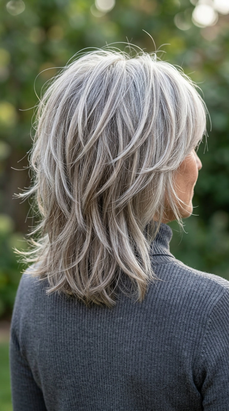 medium textured shag haircut with blended silver and ash highlights for summer