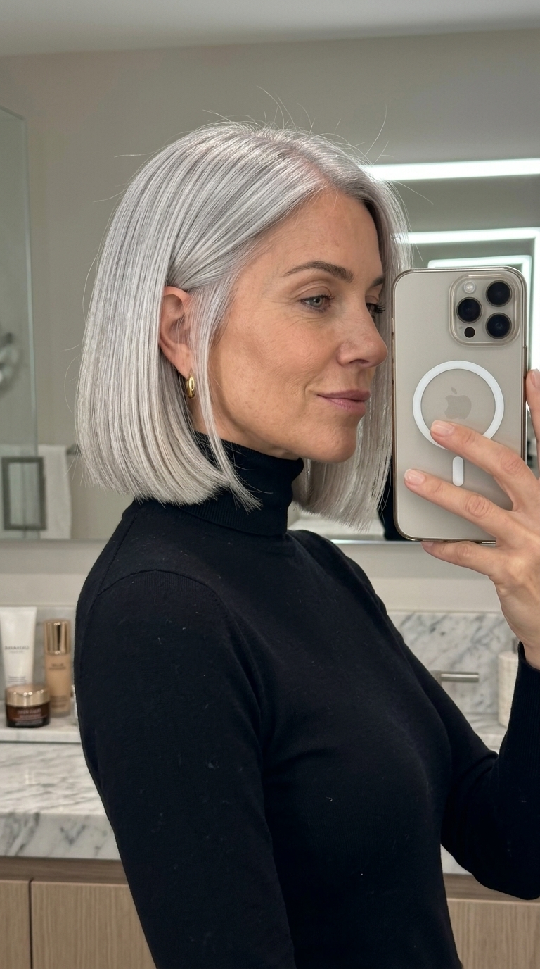 neck-length blunt bob haircut with natural silver and pearl gloss, sharp blunt perimeter and deep side part for refined style