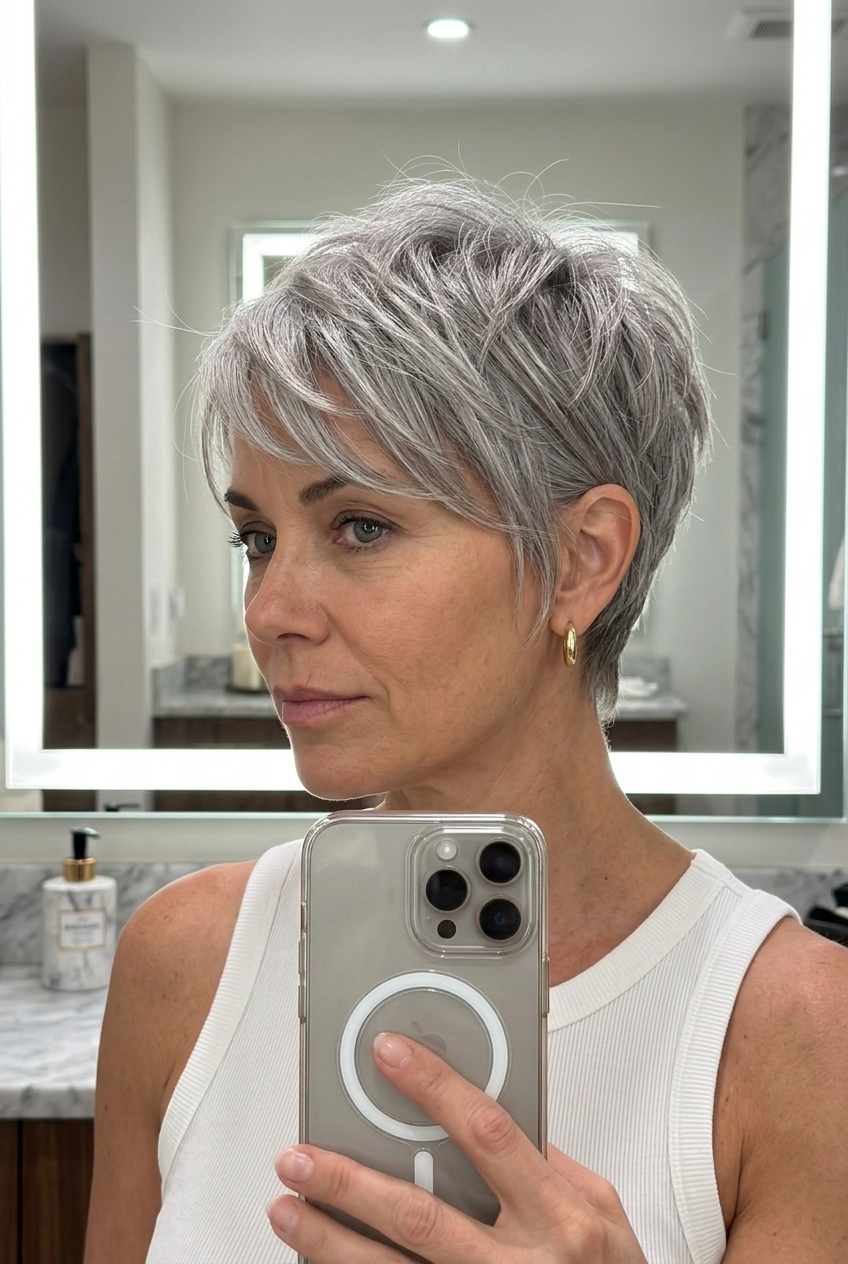 short textured pixie haircut with natural silver and ash blending, point-cut layers and soft side-swept fringe for effortless style