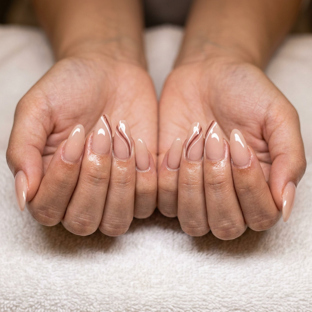 Desert Dune Abstract Almond nails: minimalist simple summer acrylic nail designs 2026 for daily wear.