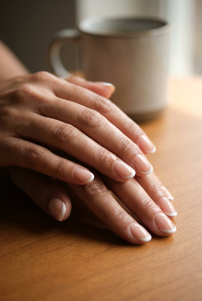 Simple Summer Acrylic French Tip nails for daily wear and work. Classic clean white on nude.