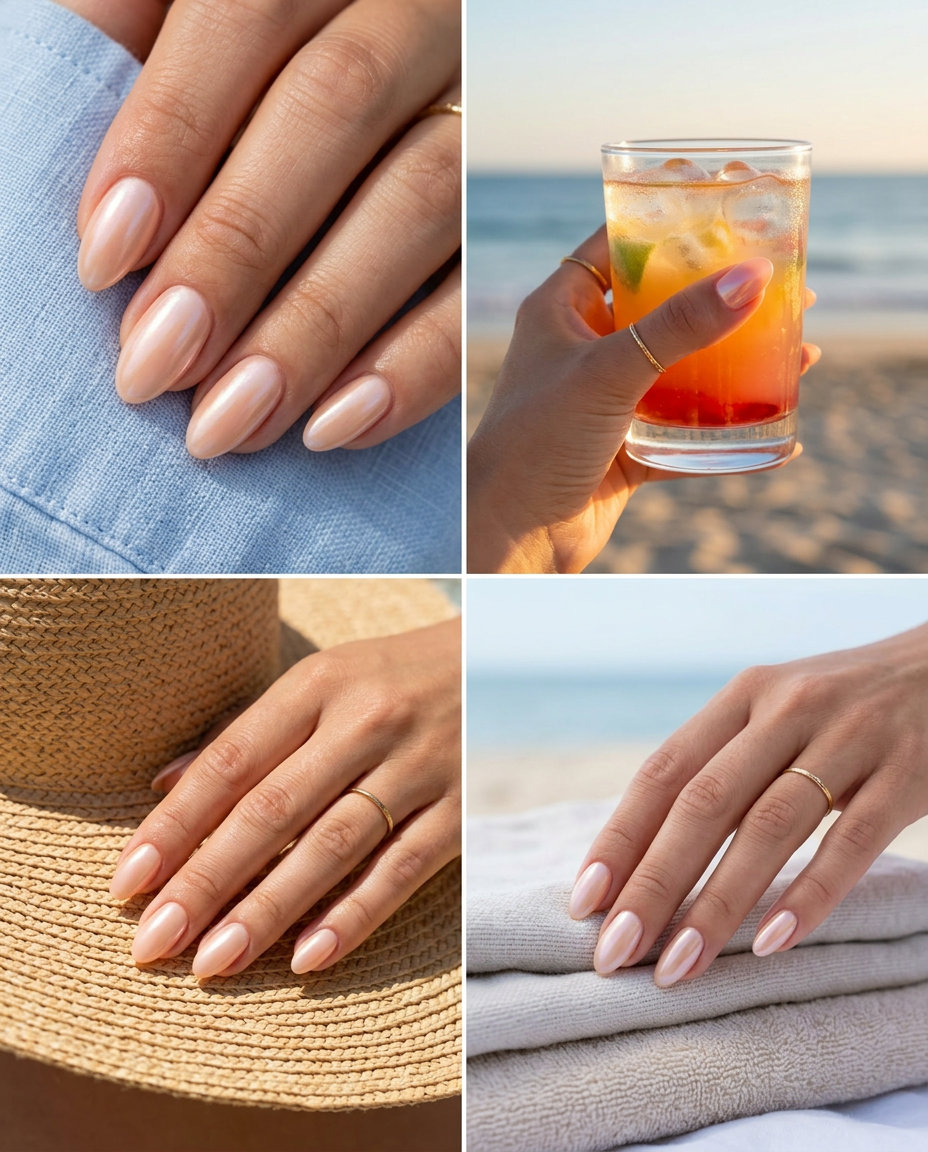 Simple summer acrylic nail designs 2026: Fuzzy Peach Glazed Donut for vacation and romantic getaways.