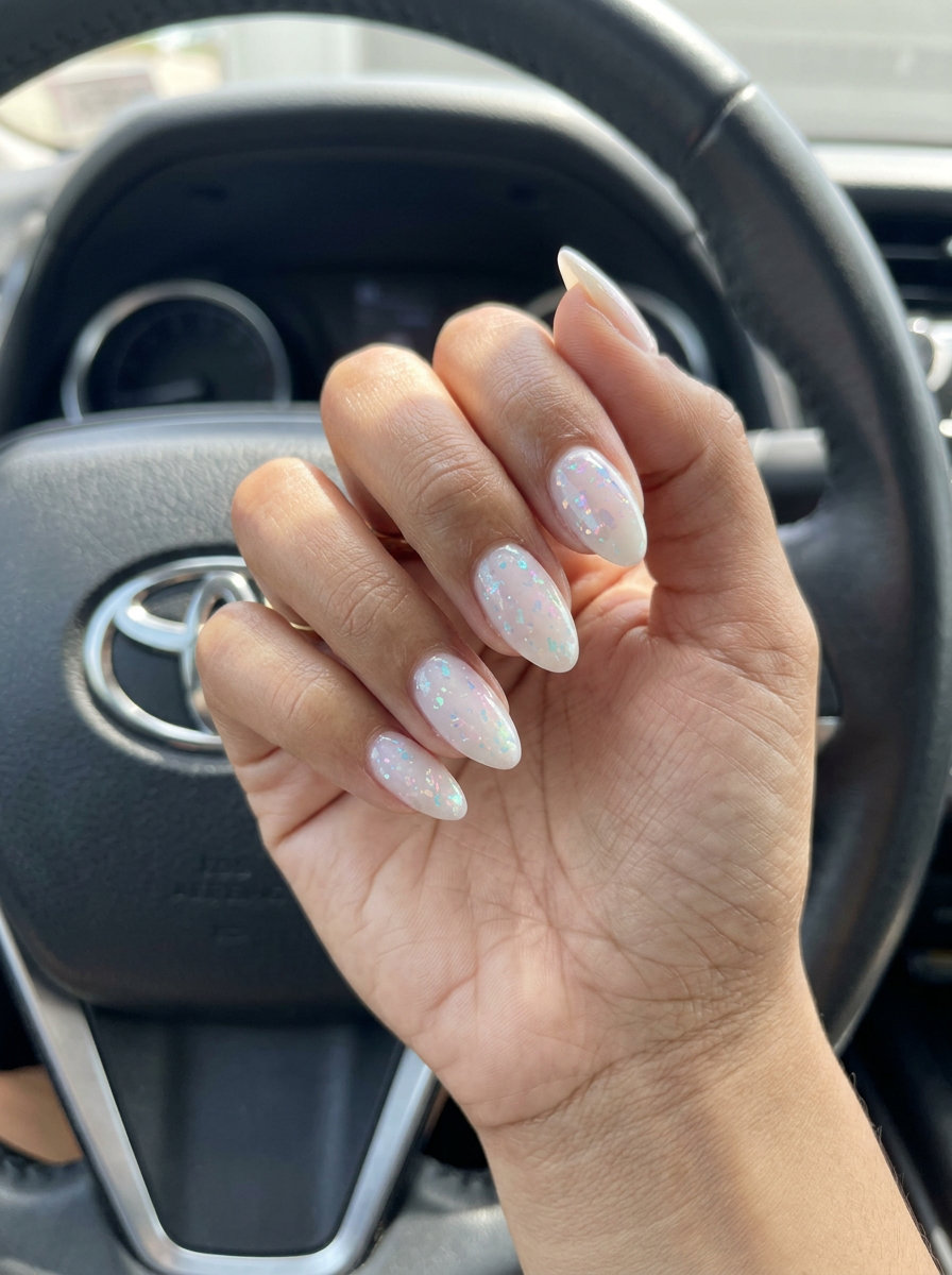 Almond Milky White with Opal Flakes nails for a glamorous vacation or wedding guest outfit.