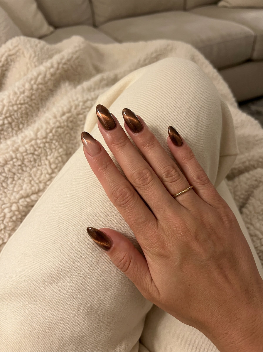 Simple summer acrylic nail designs 2026: Mystic Nude Cat-Eye for date nights & professional settings.