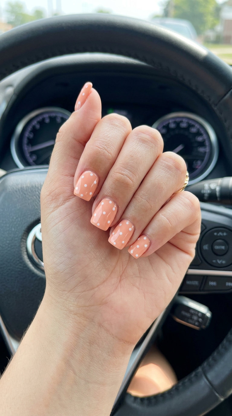 Short Square Peach Fuzz Polka Dots nails: playful simple summer acrylic nail designs 2026 for picnics.