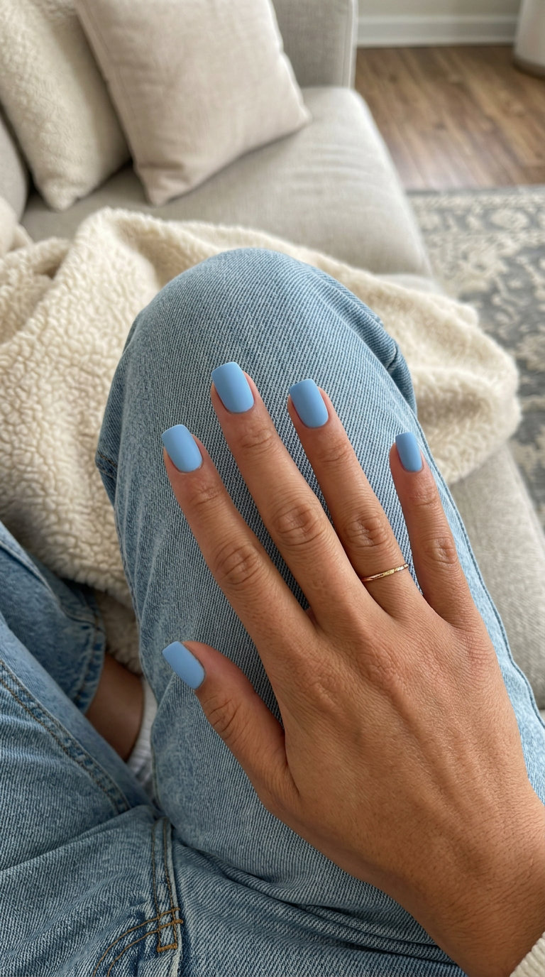 Sky Blue Matte Square nails: sporty simple summer acrylic nail designs 2026 for daily wear.