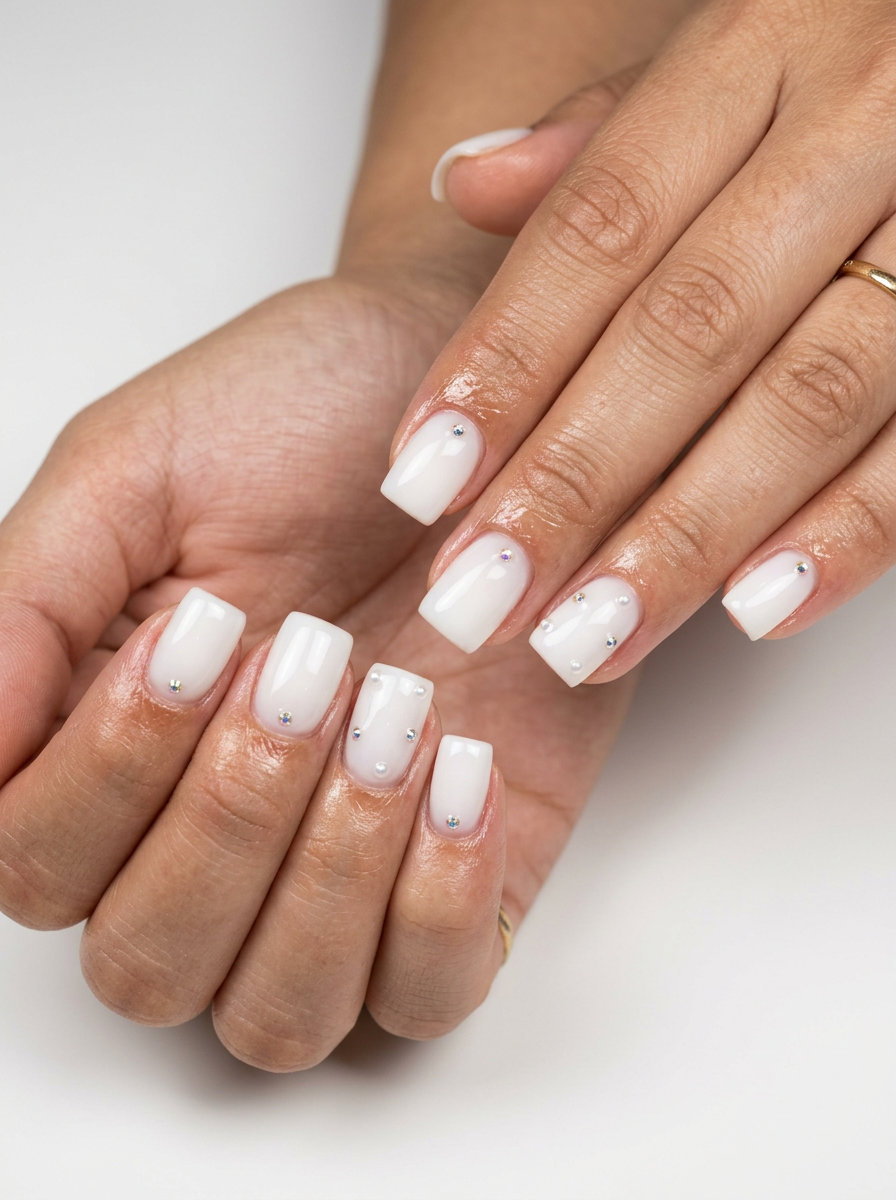 Sparkling Pearl Short Square nails: glamorous simple summer acrylic nail designs 2026 for parties.
