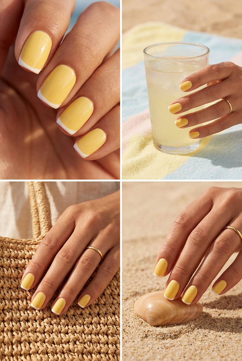 Simple summer acrylic nail designs 2026: Sunny Butter Micro French with sheer nude base and butter yellow tip for casual chic.