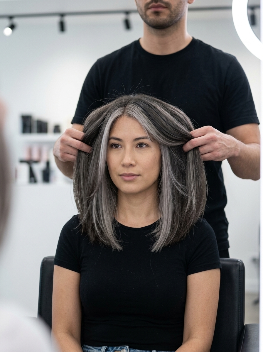 long ash brown hair color with icy mushroom blocks, avant-garde color blocking for artistic events