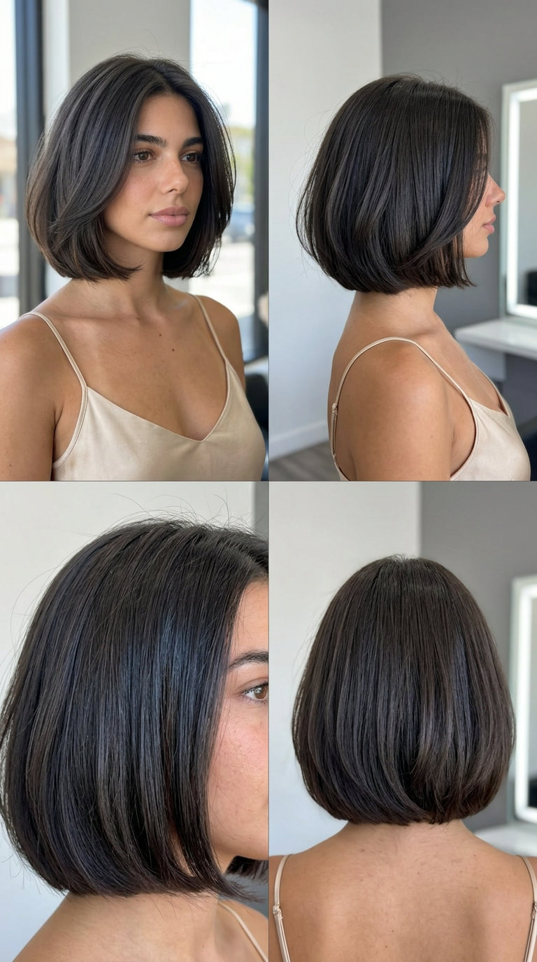 short bob haircut in Smoked Espresso with soft blunt ends and internal thinning for sophistication