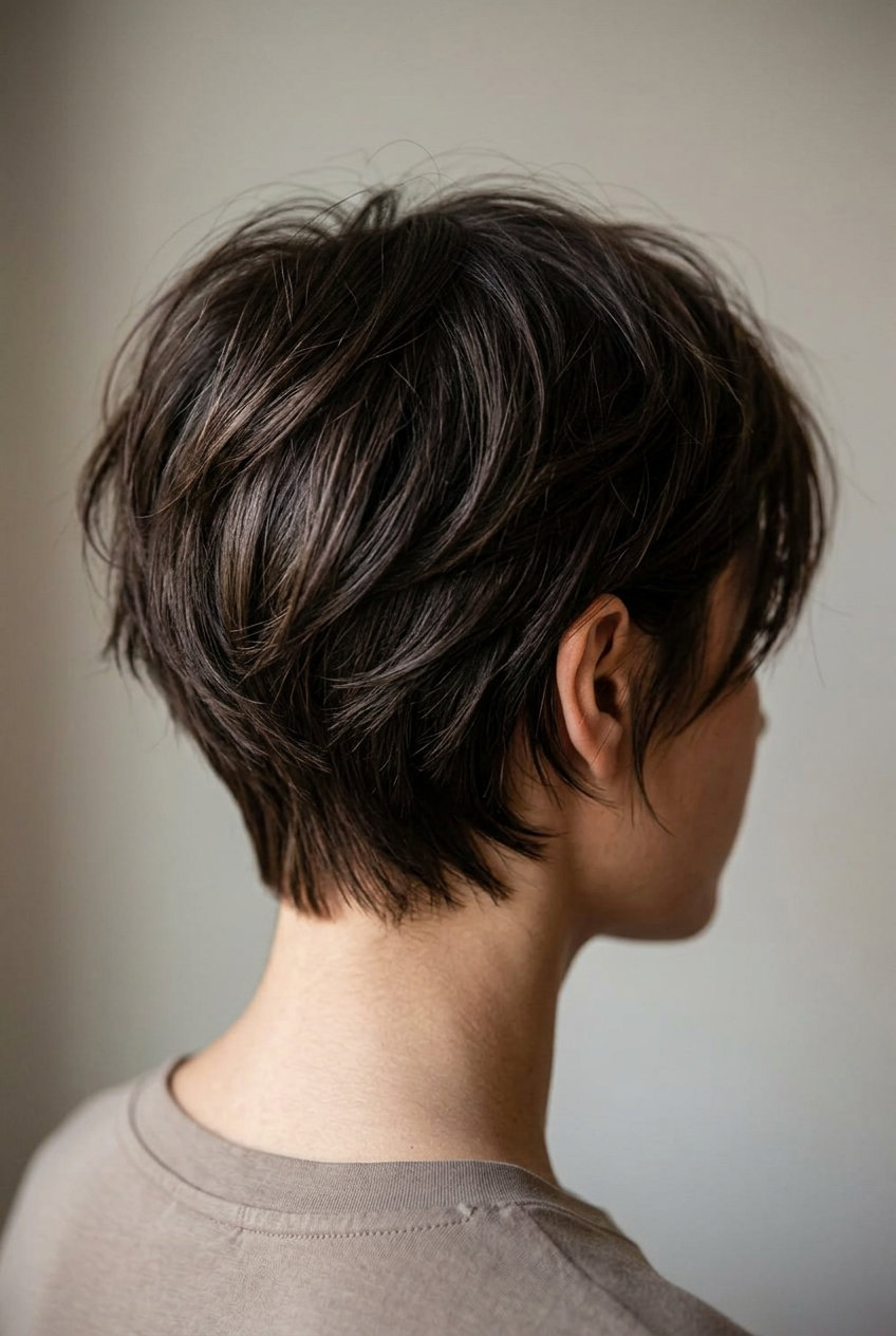short pixie shag with smoked espresso color, deep point-cut layers and tapered nape for edgy looks