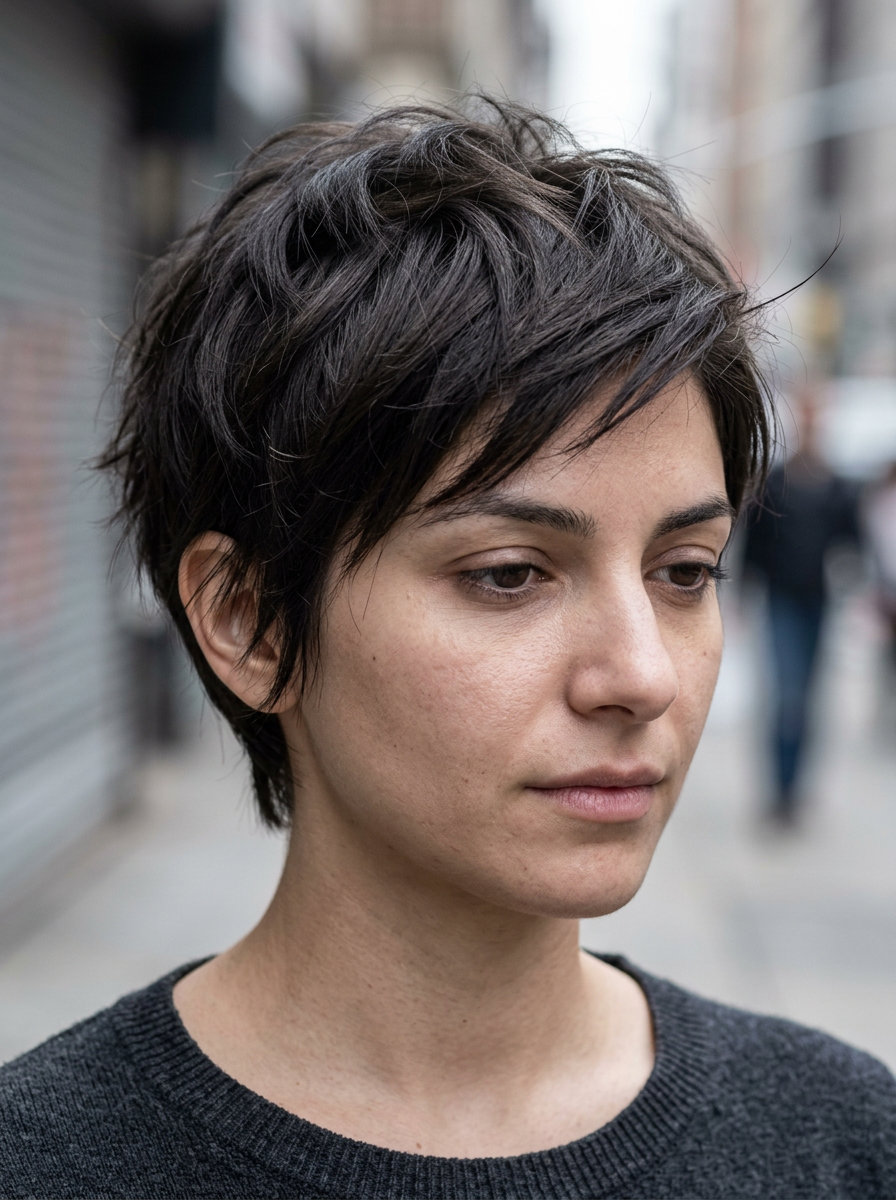 short pixie haircut in Smoked Espresso with textured layers and soft tapered sides for boldness