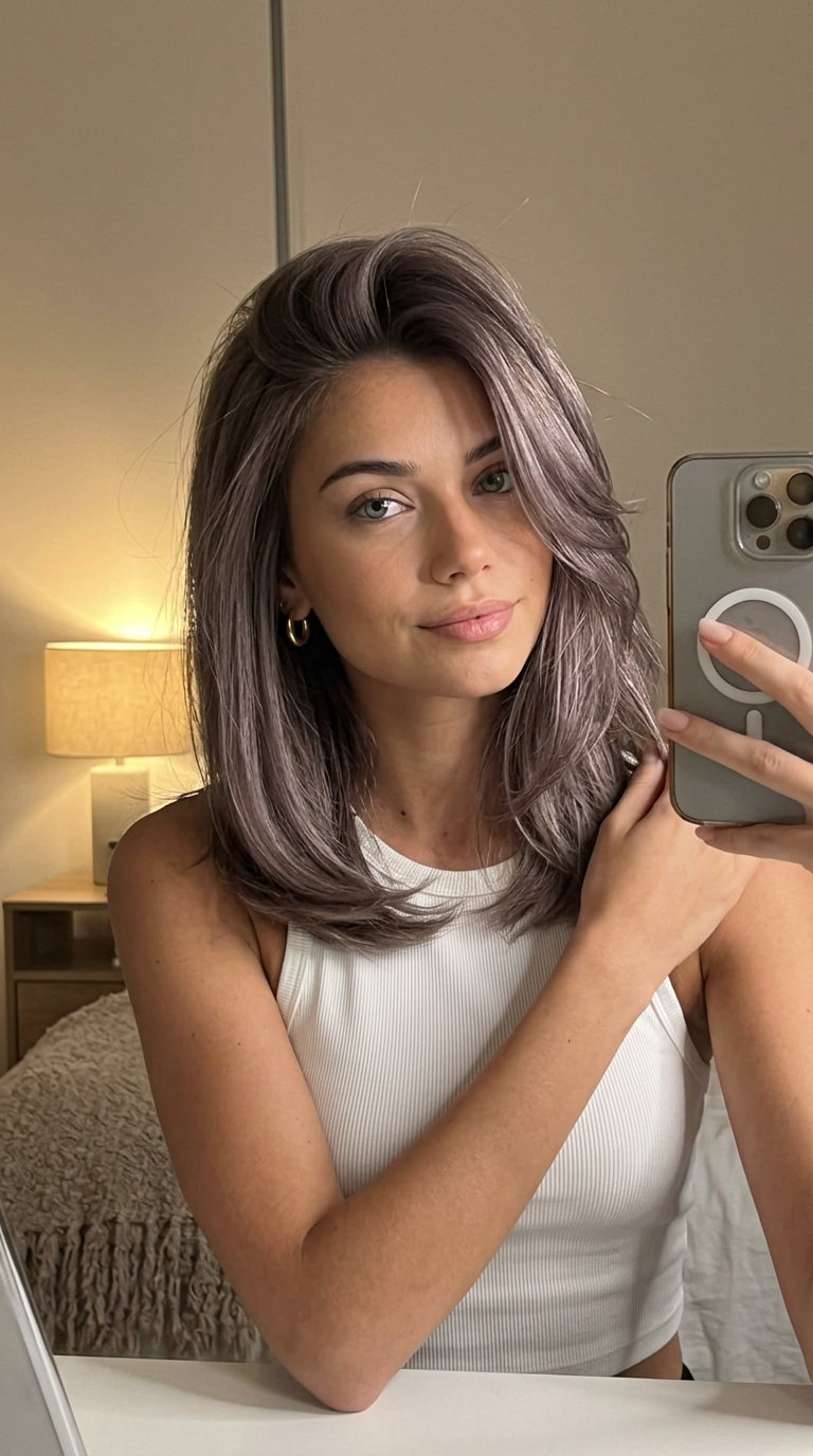 Smoked Pearl Brunette 2026 long smoked pearl brunette with ash-violet babylights, desaturated cool tones for formal events