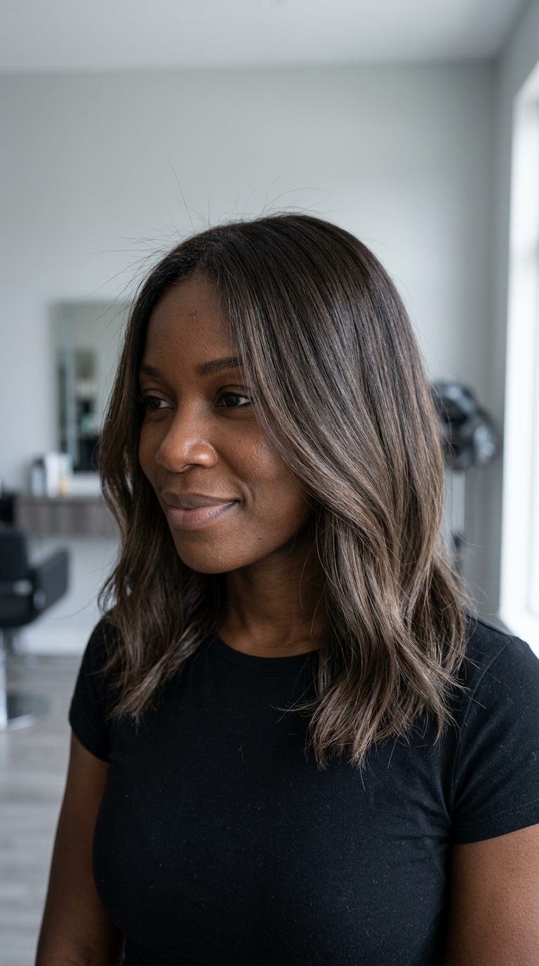 long smoked walnut balayage hair color with deep ash brown, smoky walnut for sophisticated style