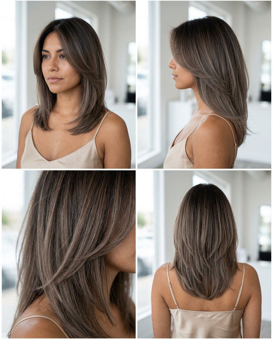 Smoked Walnut Color Melt Layers 2026 long curved layered haircut with smoked walnut cool brown color melt for office