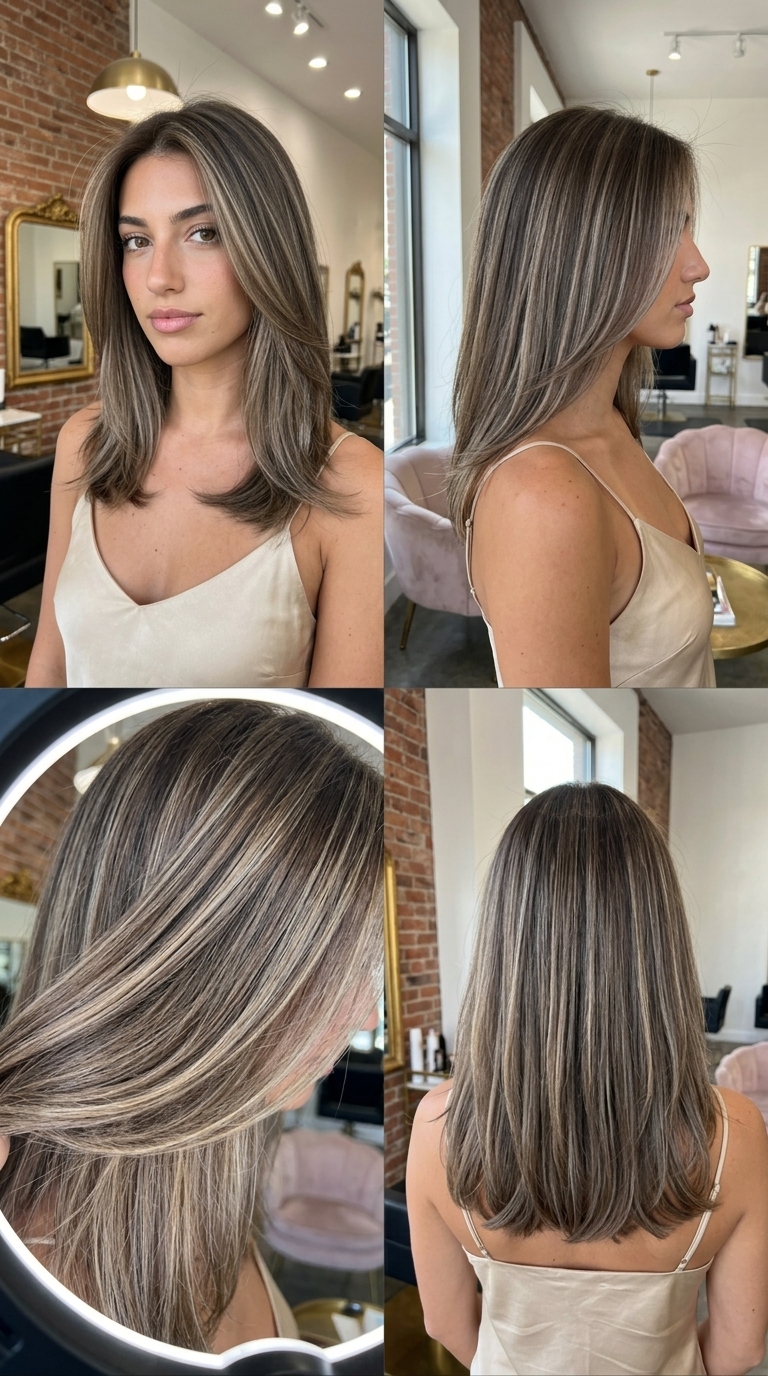 long smoky walnut foilayage hair color with cool beige highlights, root smudge, no fringe — luxurious polished