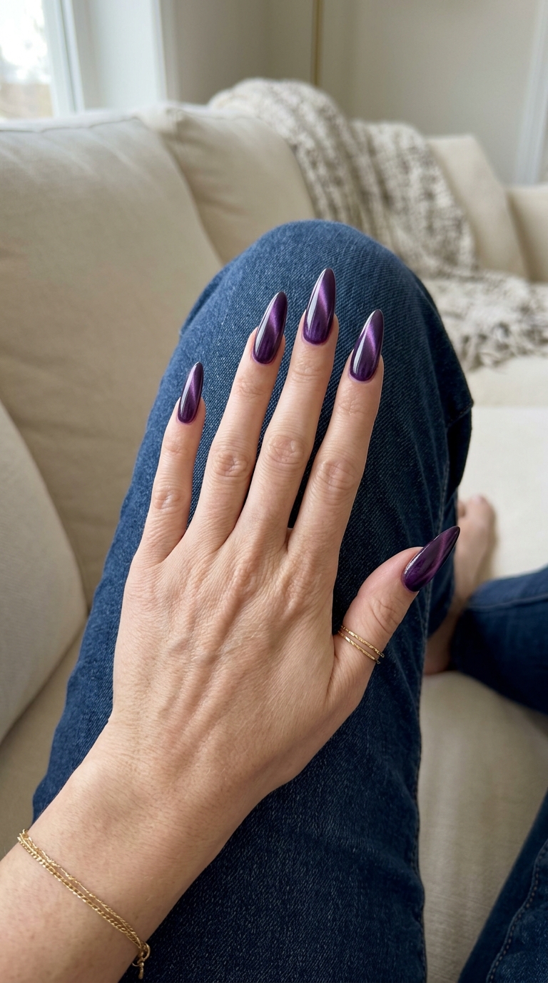 Mystic amethyst cat-eye stiletto nails for solid summer nails 2026. Sultry mysterious party look.