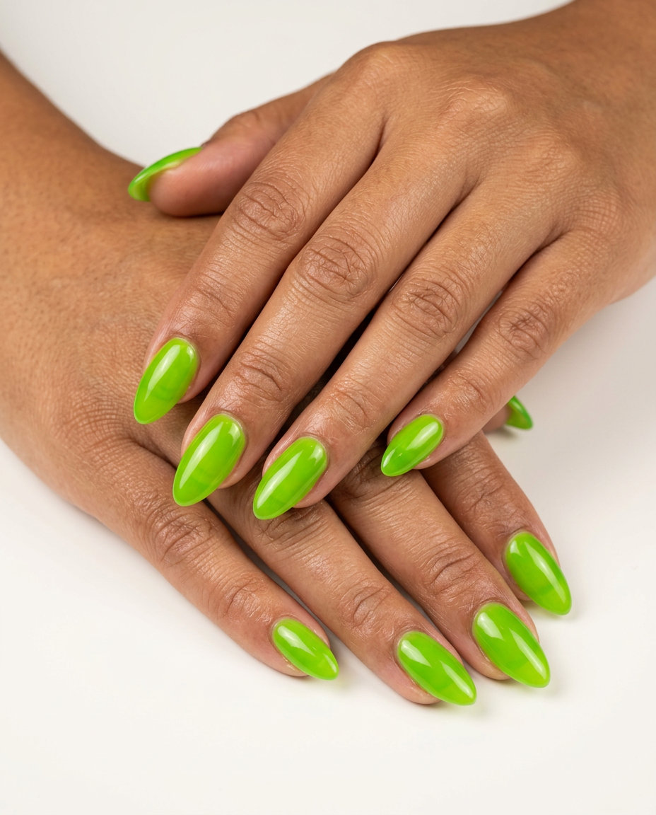 Bright lime jelly almond glow nails for solid summer nails 2026. Whimsical vacation fresh festival look.