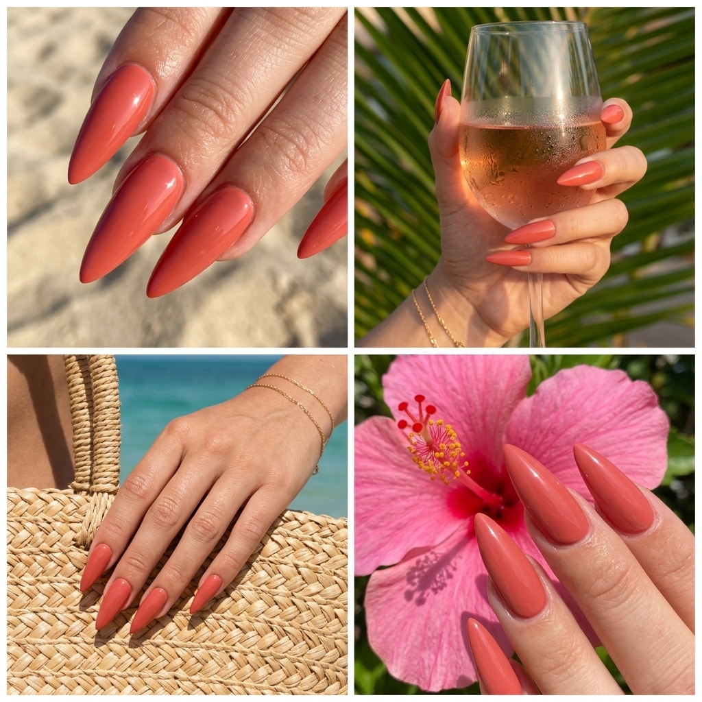 Vibrant deep coral stiletto shine nails for solid summer nails 2026. Glamorous vacation date night look.