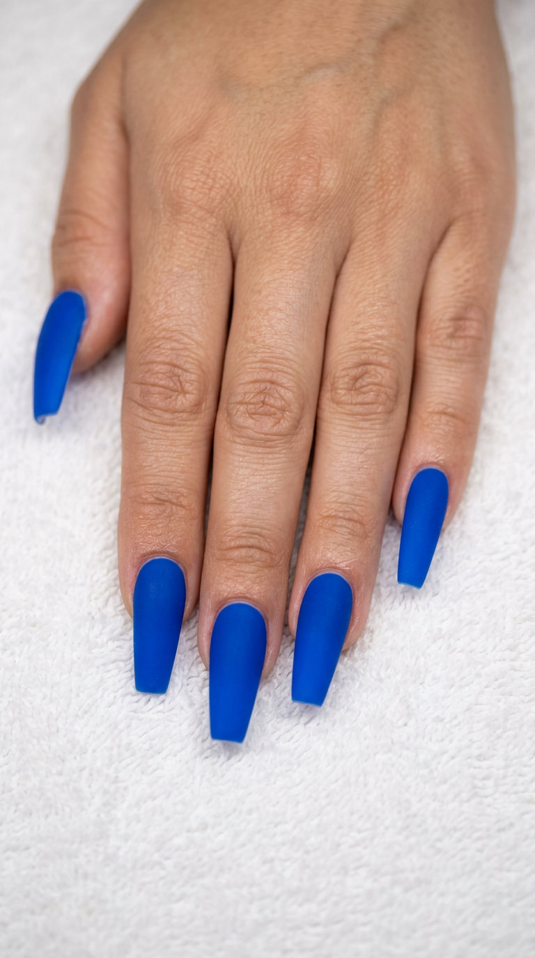 Matte Electric Blue Coffin Edge nails for summer 2026: edgy, bold, perfect for parties.