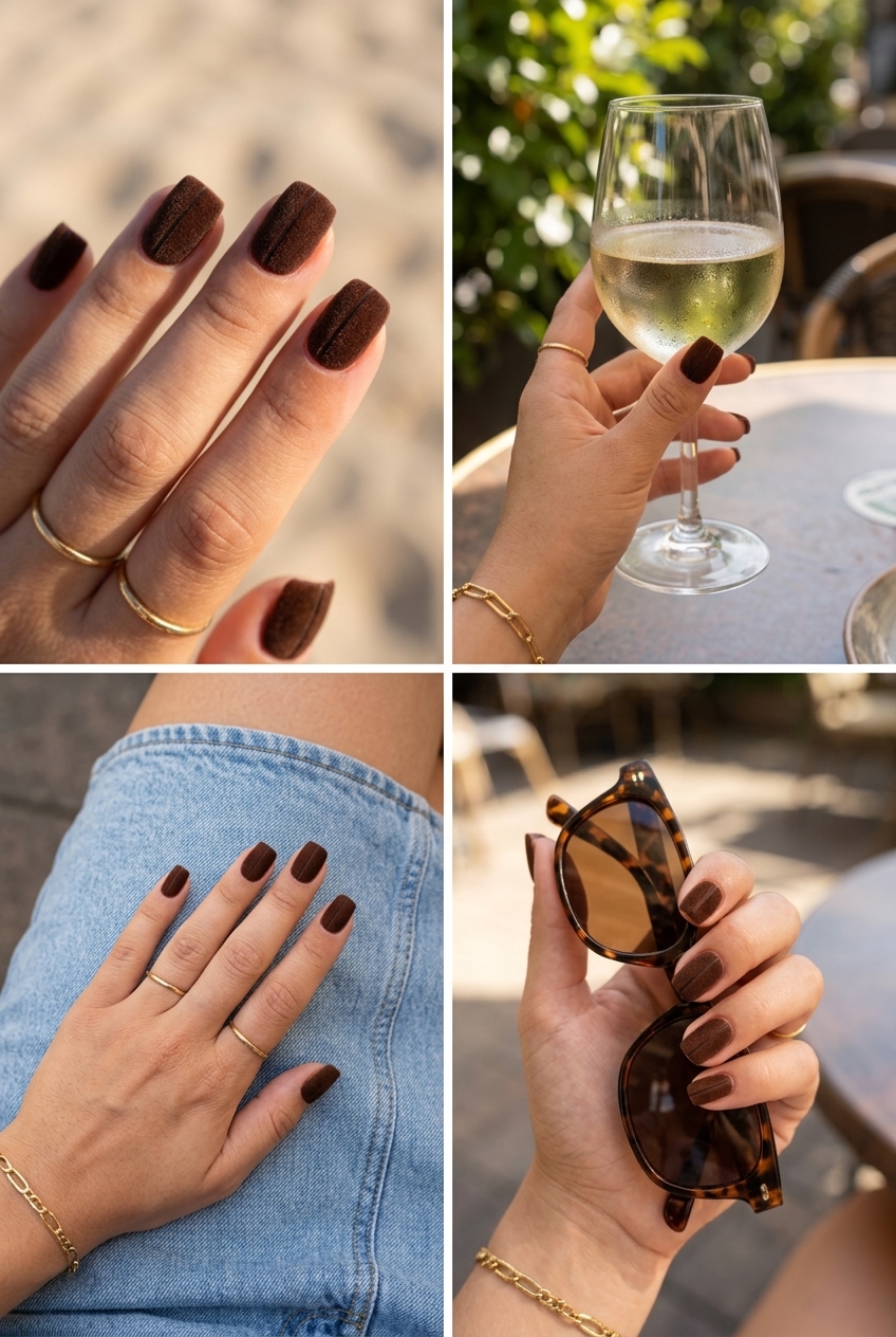 Sophisticated deep espresso brown velvet matte nails with subtle dark lines, perfect for daily wear and chic work outfits in 2026.