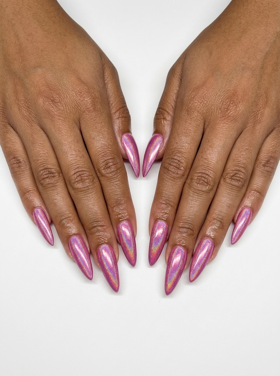 Holographic Pink Stiletto Dream nails for summer 2026: glamorous, dazzling, perfect for parties.