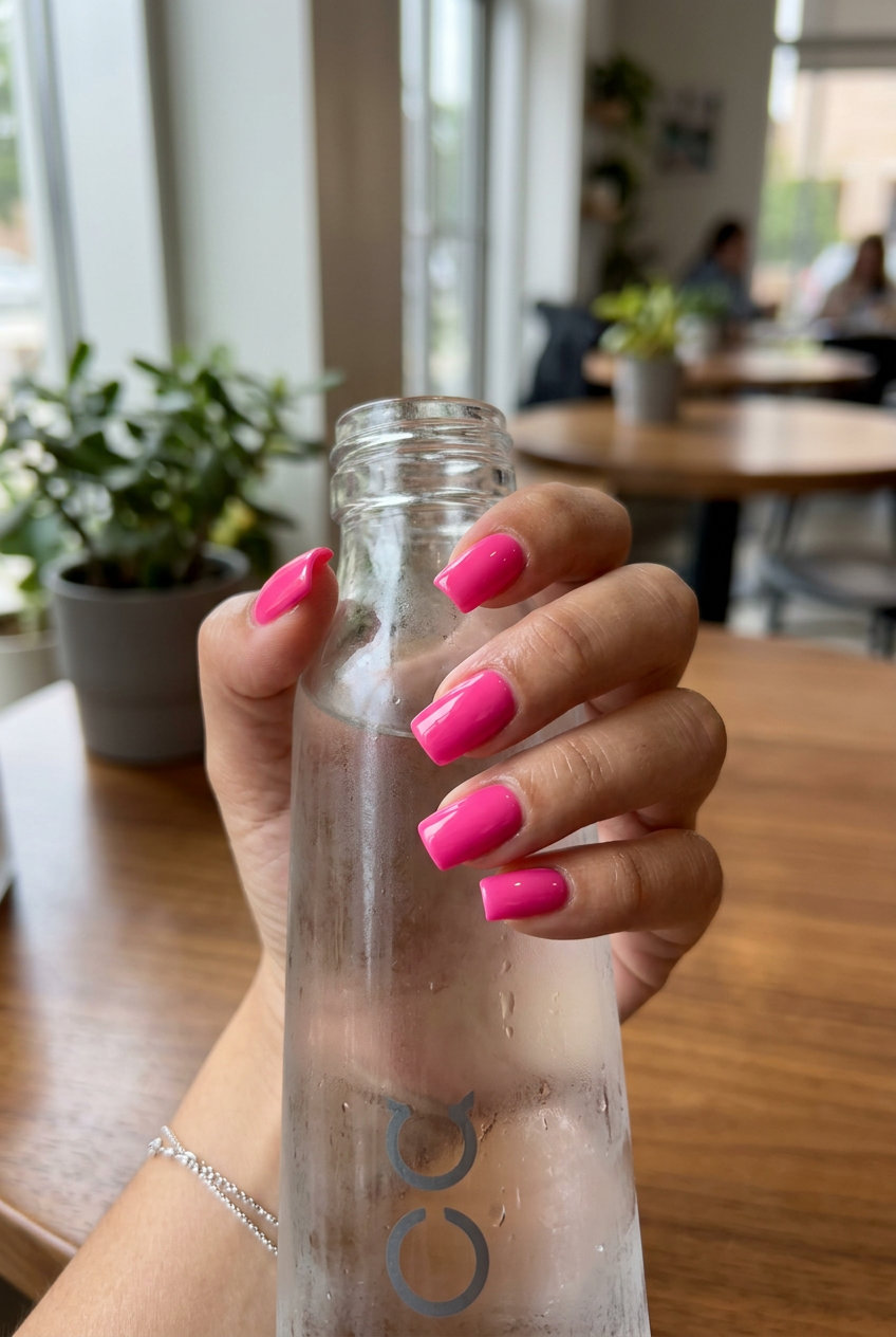 Glossy hot pink square pop nails for solid summer nails 2026. Playful energetic summer party look.