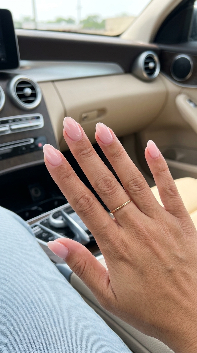 Solid summer nails 2026: Milky pink soft almond gel nails for a romantic bridal or daily look.