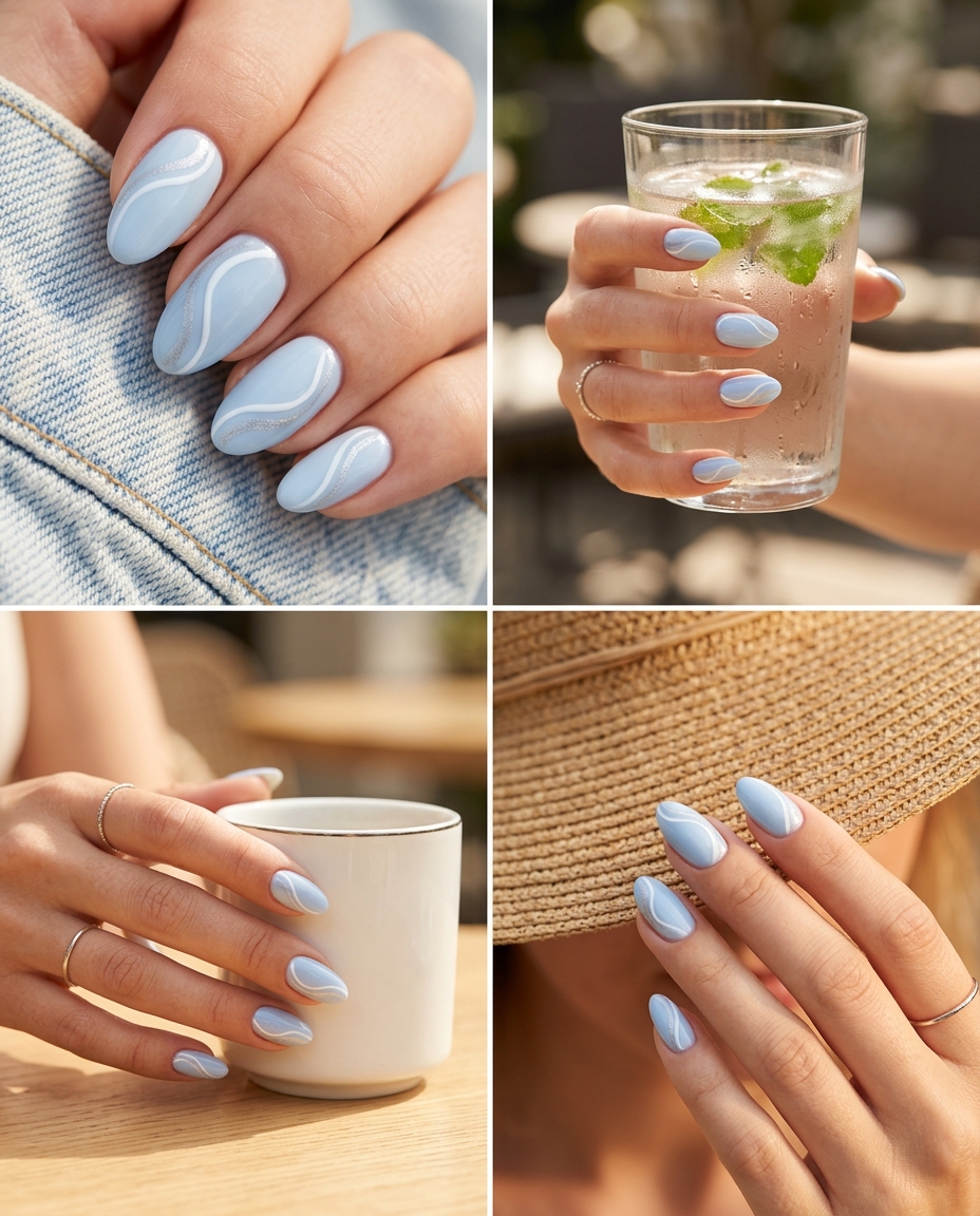 Dreamy sky swirls almond nails for solid summer nails 2026. Whimsical artistic calm daily look.
