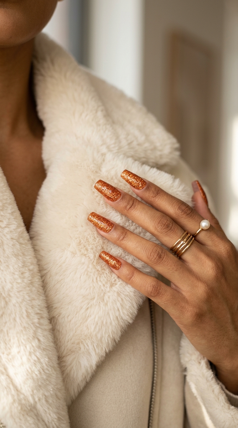 Textured glitter orange flare statement nails for solid summer nails 2026. Bold, energetic festival look.