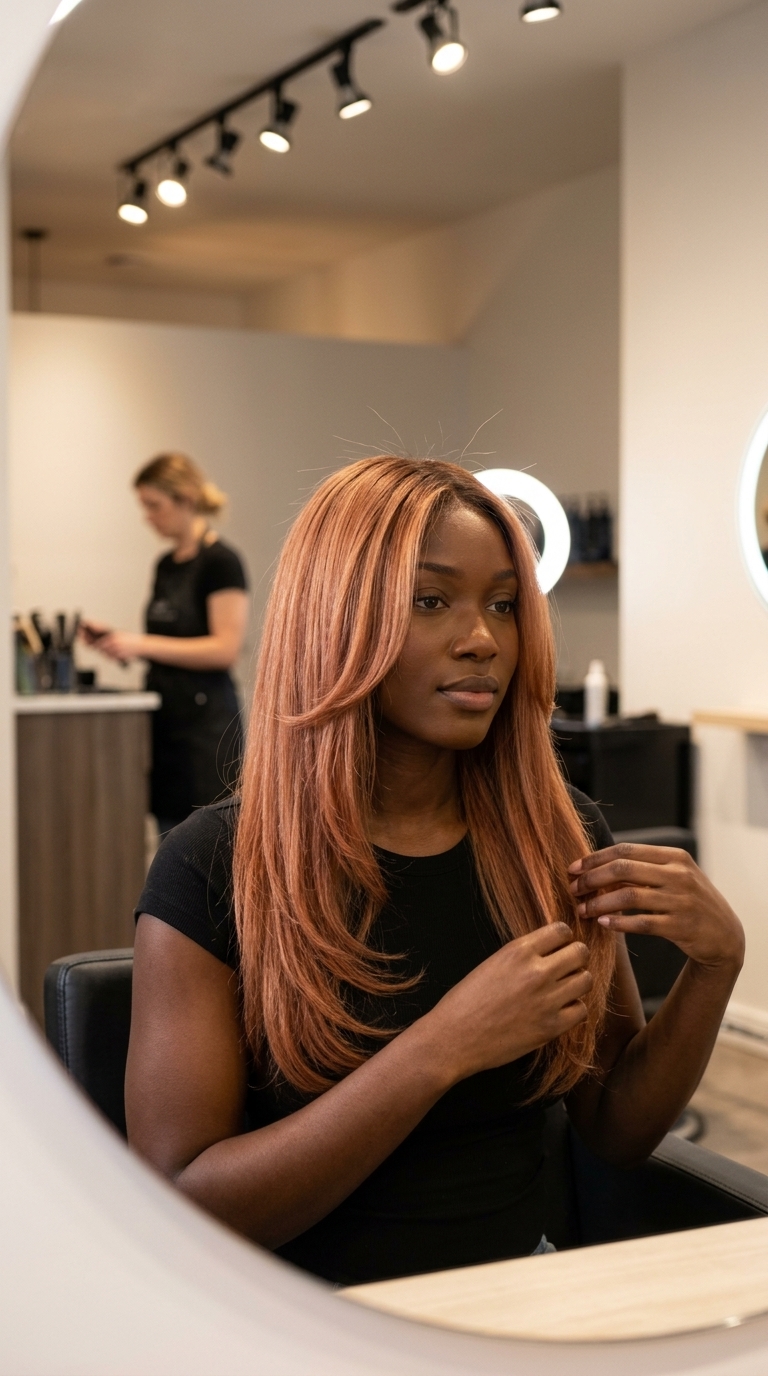 long Spiced Peach strawberry blonde curve cut with U-shaped layers and face-framing for formal events