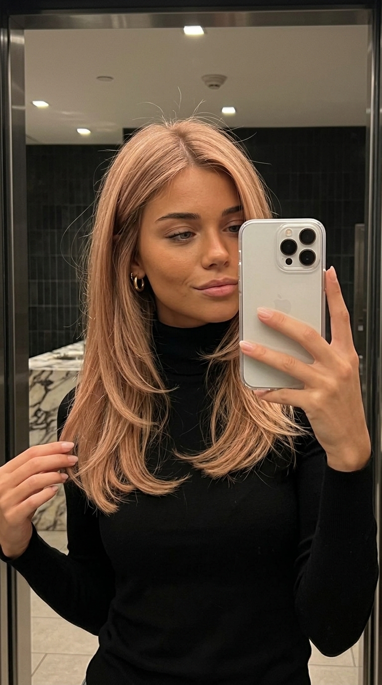 long Spiced Peach strawberry blonde one-length cut with internal ghost layers for natural look