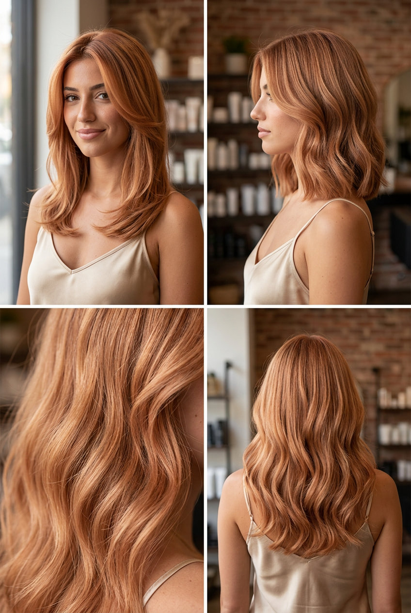 long spiced peach strawberry blonde hair with subtle layers and deep side part for formal event