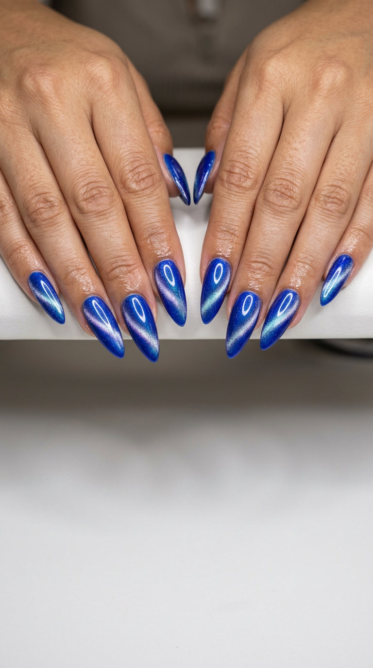 Electric Blue Cat-Eye Stiletto Nails 2026: Date Night Electric Blue Cat-Eye stiletto nails 2026: mysterious date night style. Avoid faded effects.