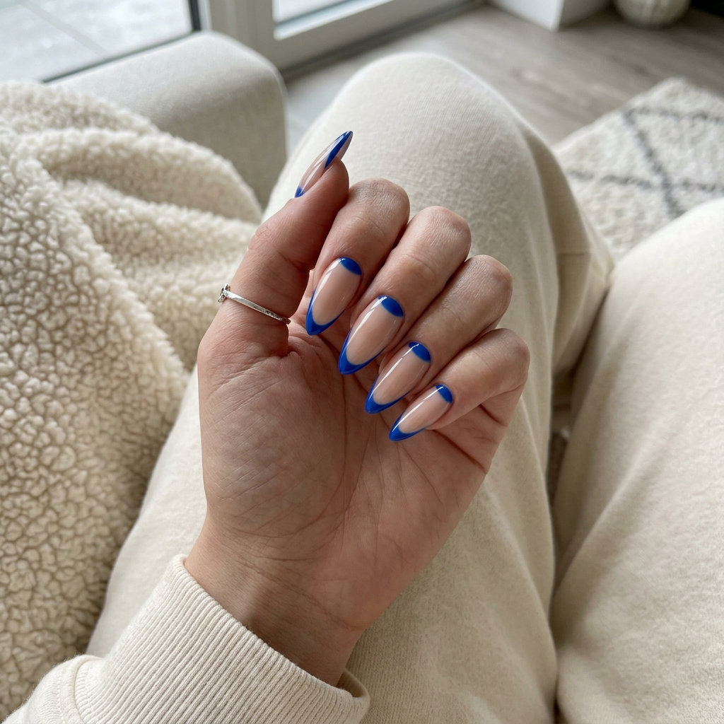 Electric Blue Stiletto Nails 2026: Edgy Night Out Electric Blue Reverse French stiletto nails 2026: bold, edgy night out style. Avoid dull polish.