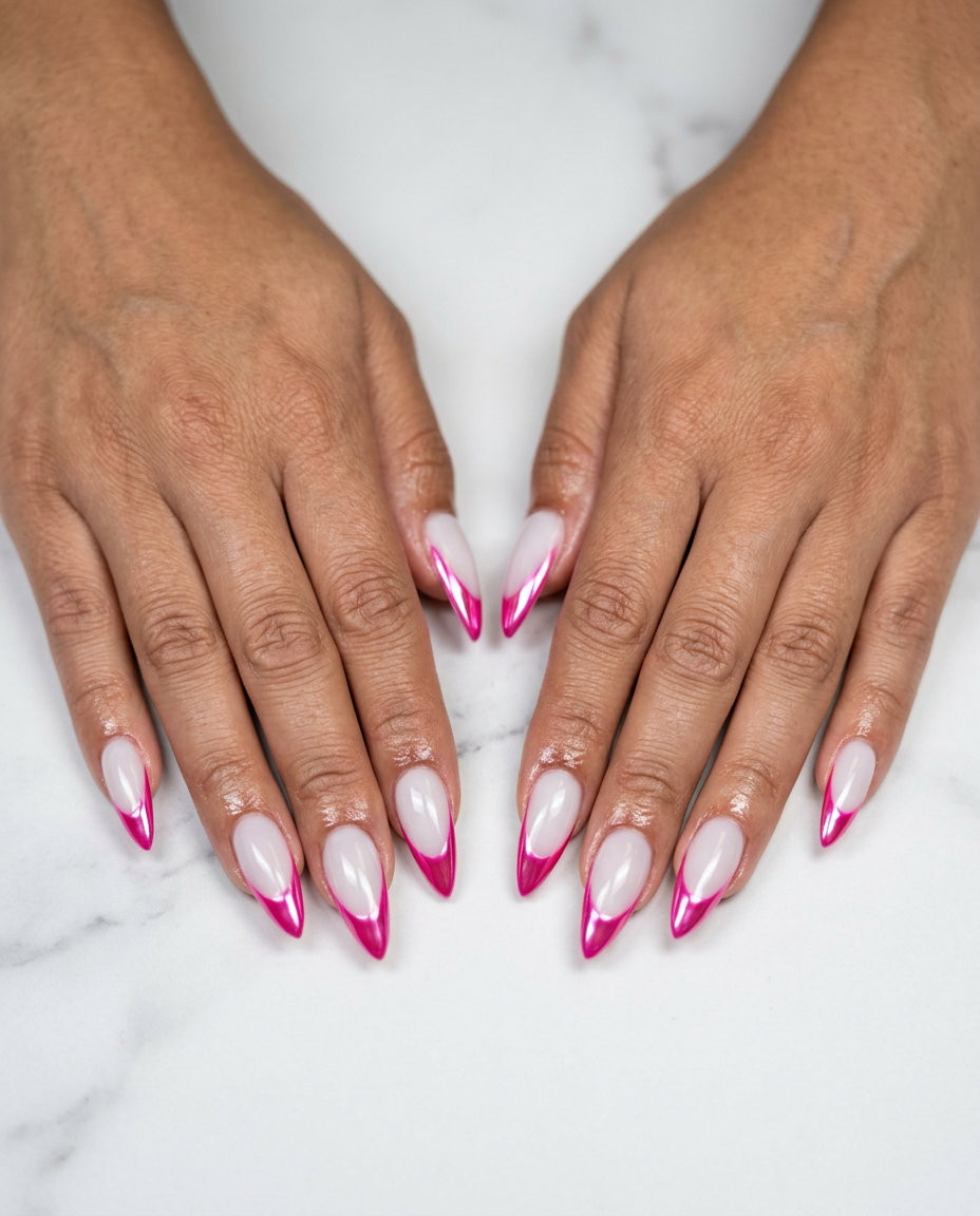 Hot Pink Chrome Stiletto Nails 2026: Glam Party Hot Pink Chrome French stiletto nails 2026: glamorous party style. Avoid chipped polish.