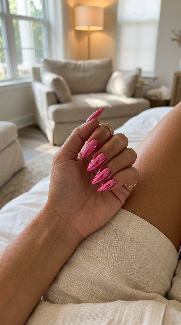 Barbiecore Chrome Stiletto Summer Nails 2026 Glamorous hot pink chrome stiletto summer nails 2026 for parties and festivals.