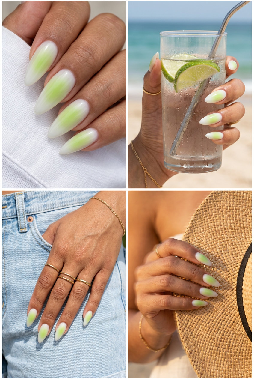 Lime Green Aura Stiletto Nails 2026 | Vacation Vibes Ethereal Lime Green Aura Stiletto nails for vacation 2026. Artful and refreshing style.