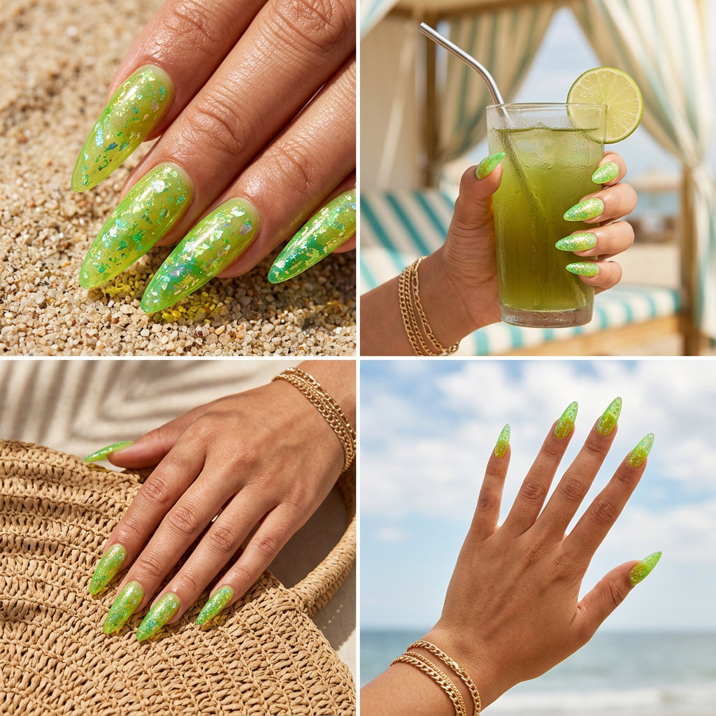 Lime Green Foil Flake Stiletto Nails 2026: Festival Fun Lime Green Foil Flake stiletto nails 2026: playful festival style. Avoid snagging flakes.