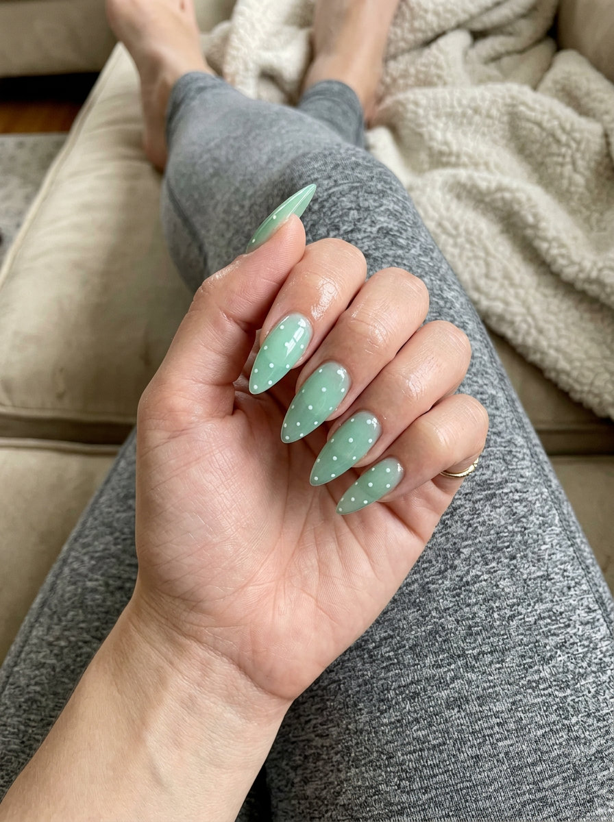 Minty Polka Dot Stiletto Summer Nails 2026 Playful mint green polka dot stiletto summer nails 2026 for casual outings.