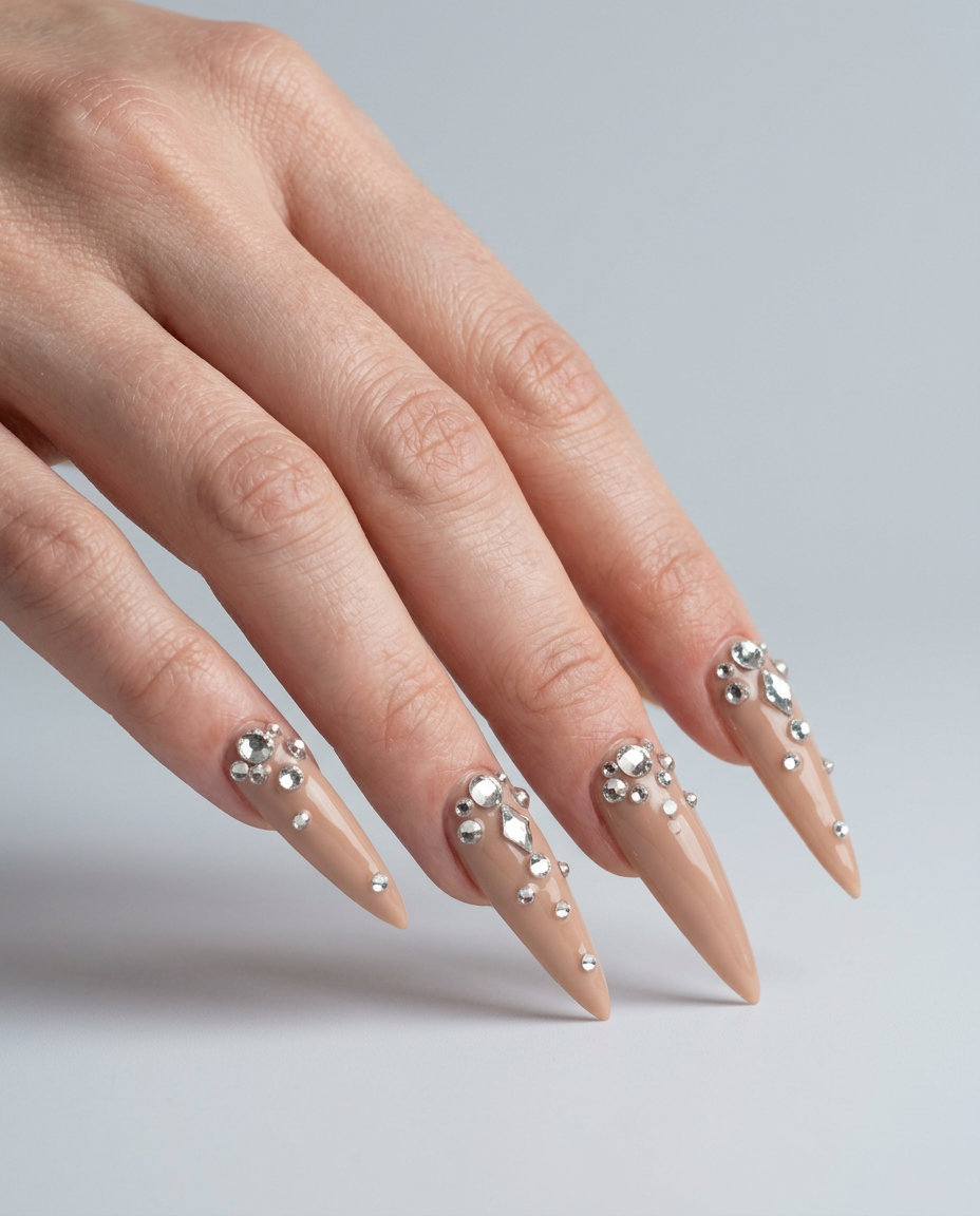 Regal Radiance Crystal Stiletto Summer Nails 2026 Glamorous nude crystal embellished stiletto summer nails 2026 for parties and galas.