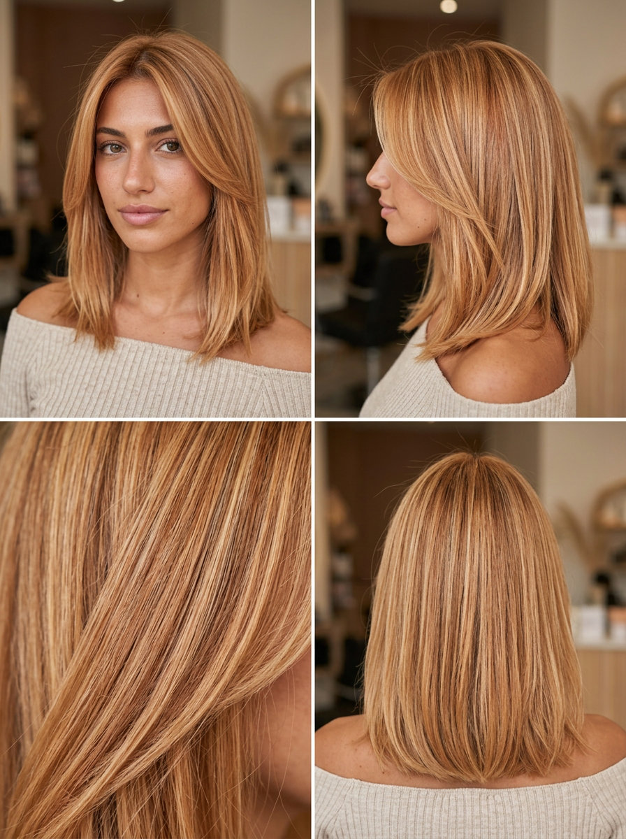 Strawberry Blonde Balayage 2026: Radiant Summer long strawberry blonde haircut with copper highlights, balayage, no fringe — radiant summer look
