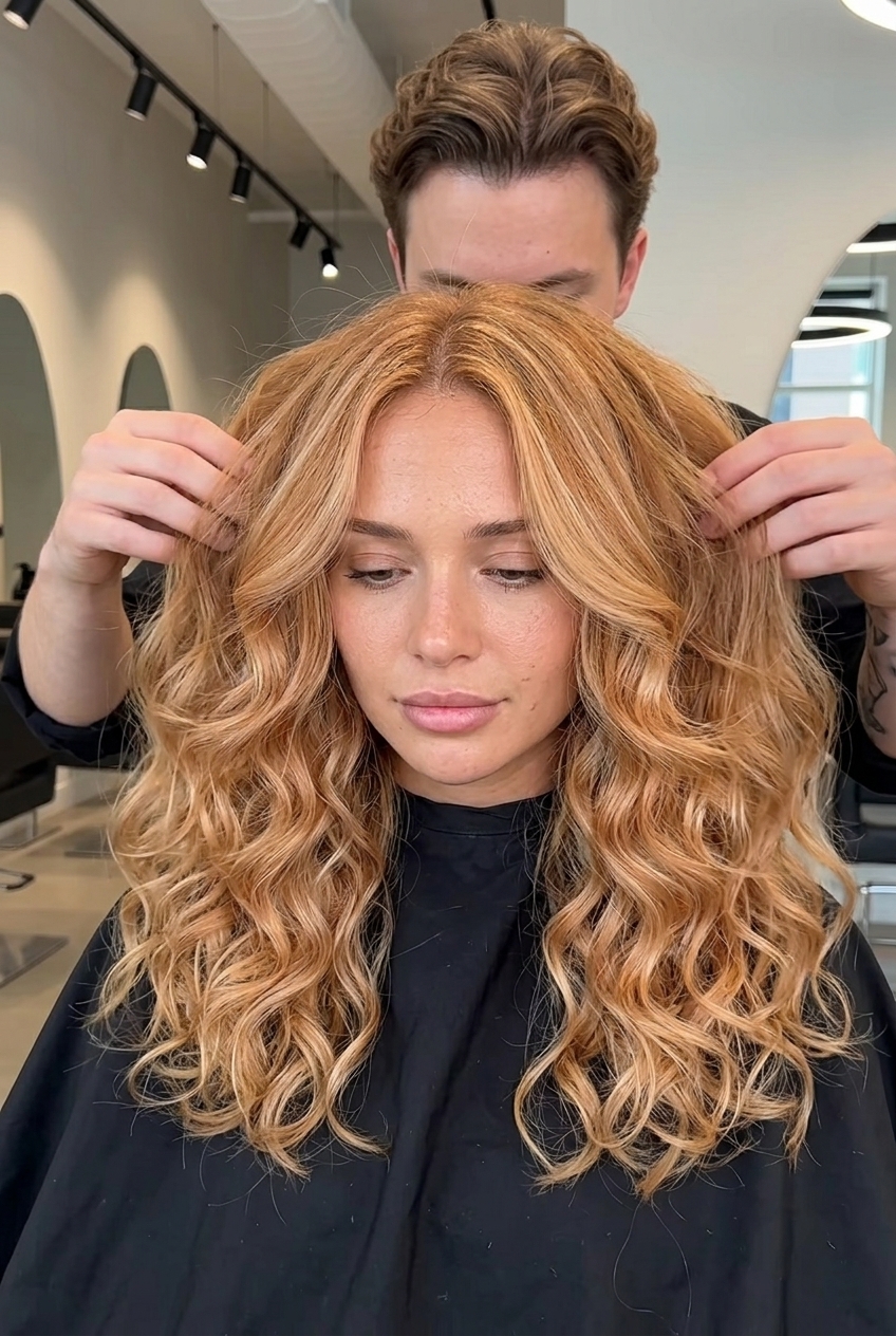 Summer Solstice Curls: Long Strawberry Blonde Hair long layered haircut in strawberry blonde balayage with golden babylights and face-framing layers