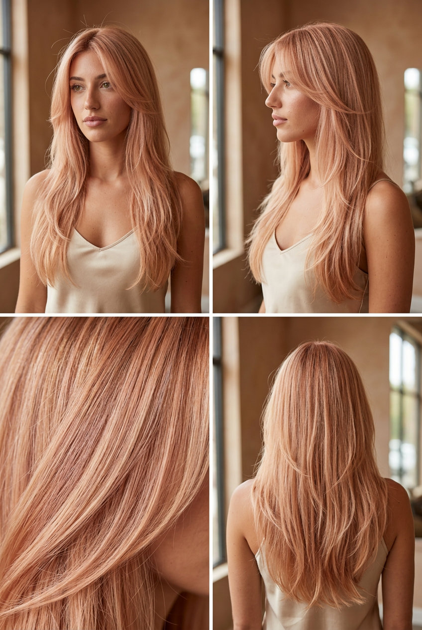 long layered cut with rosy blonde, pale copper, and golden peach tones, wispy face-framing pieces — romantic ethereal style