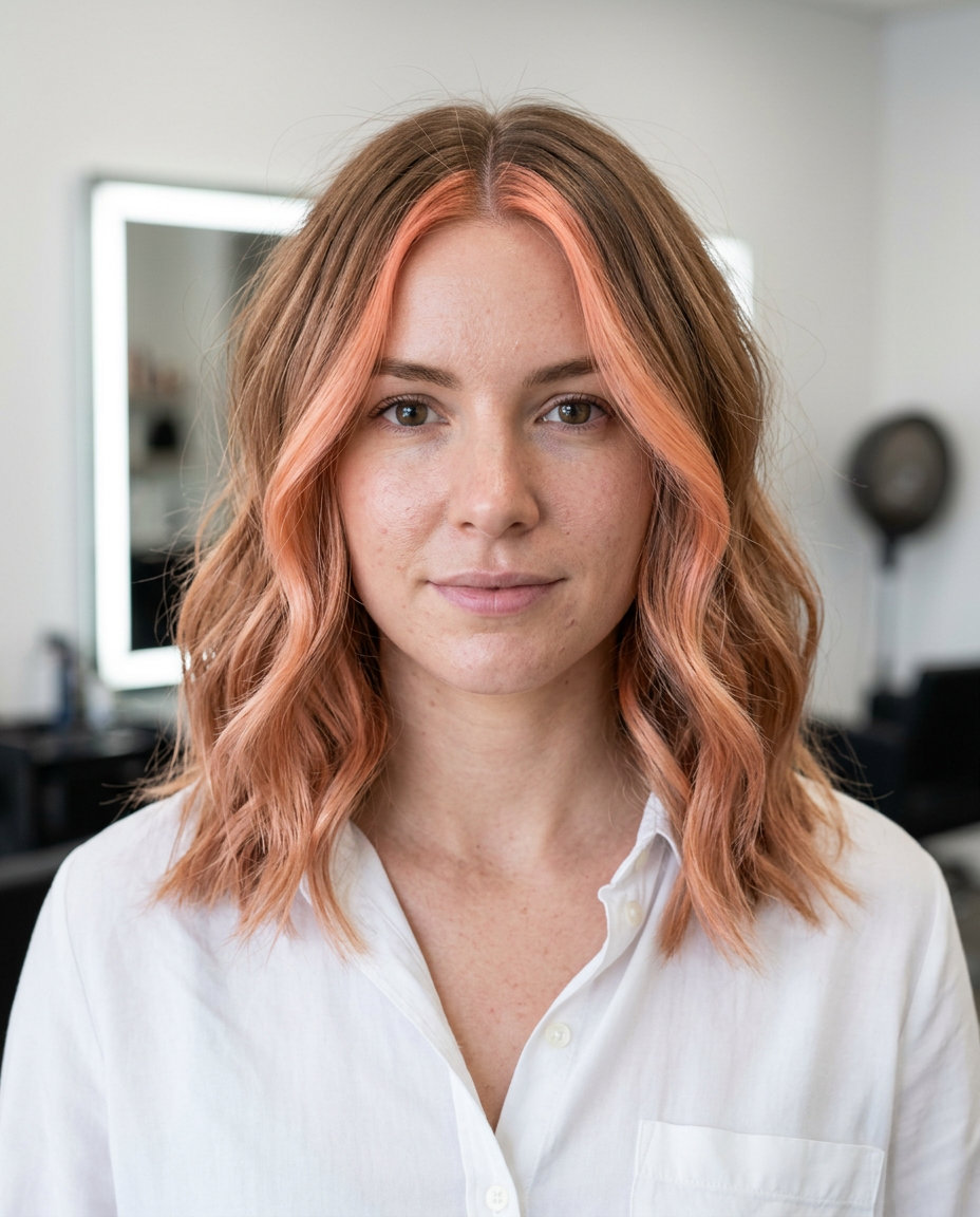 Strawberry Blonde Money Piece 2026 long strawberry blonde money piece with peachy tones, foilayage — playful vibrant look