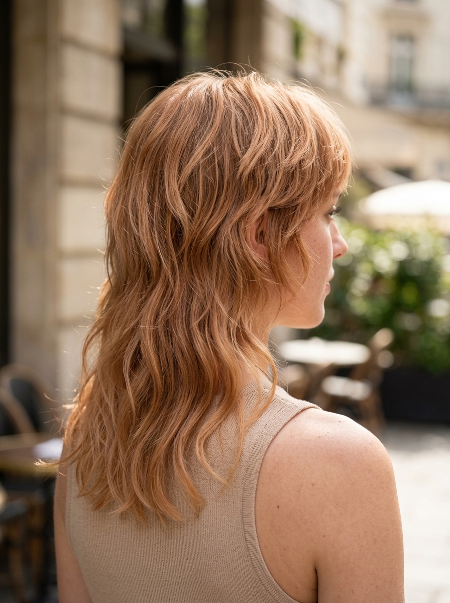 long strawberry blonde mullet with soft layers and face-framing pieces for romantic
