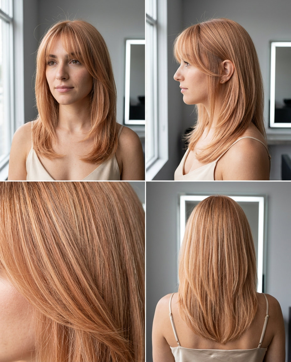 medium-long layered cut with strawberry blonde, soft copper, and golden peach tones, wispy Birkin bangs — romantic bohemian style