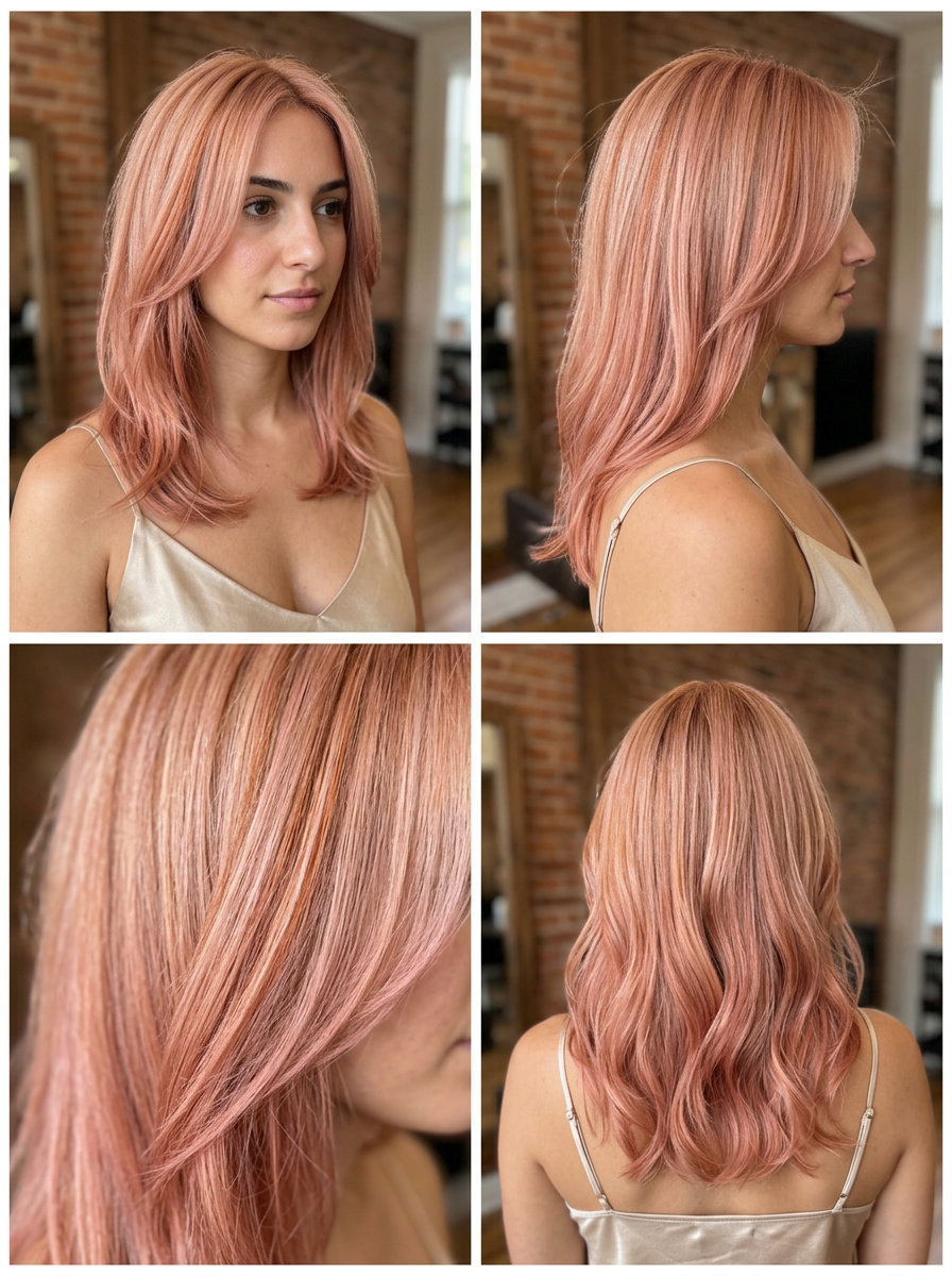 mid-length layered cut with strawberry blonde melt highlights, rose gold copper color, color melt/balayage technique — dreamy boho look