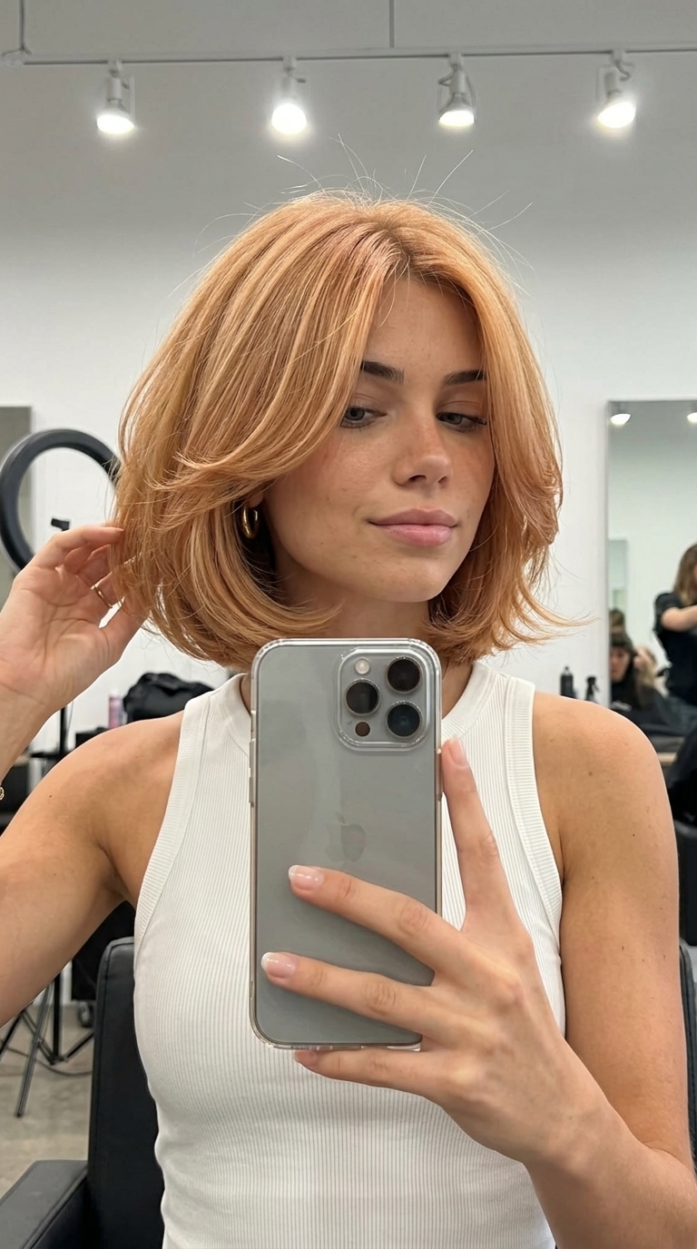 short italian bob haircut in strawberry blonde with golden peach glaze, face-framing layers for movement — playful vacation brunch