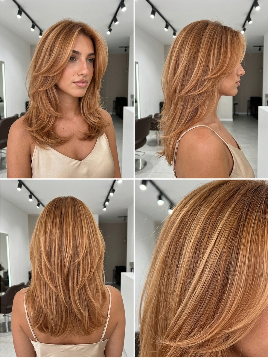 shoulder-length strawberry blonde butterfly cut with golden apricot babylights and sweeping face-framing